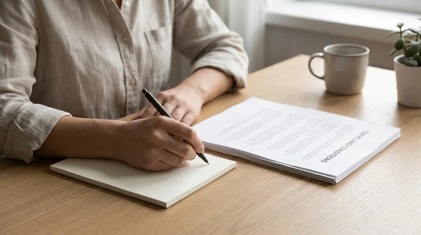 Umsatzbedingungen eines Bonus ohne Einzahlung werden mit Stift und Notizblock geprüft