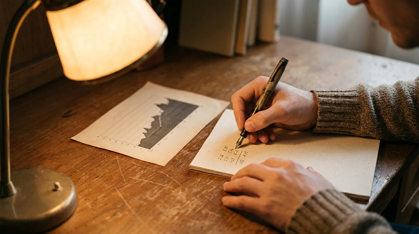 Person rechnet mit Stift und Notizblock die Umsatzbedingungen eines Bonus durch