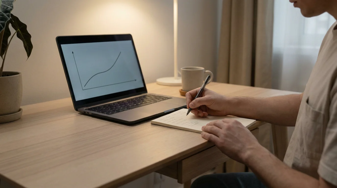 Berechnung der Umsatzbedingungen eines Neukundenbonus mit Stift und Notizblock