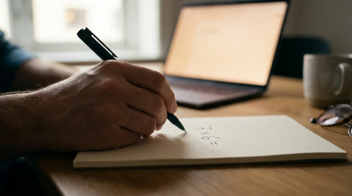 Notizblock mit handschriftlicher Berechnung des Umsatzfaktors neben einem Laptop