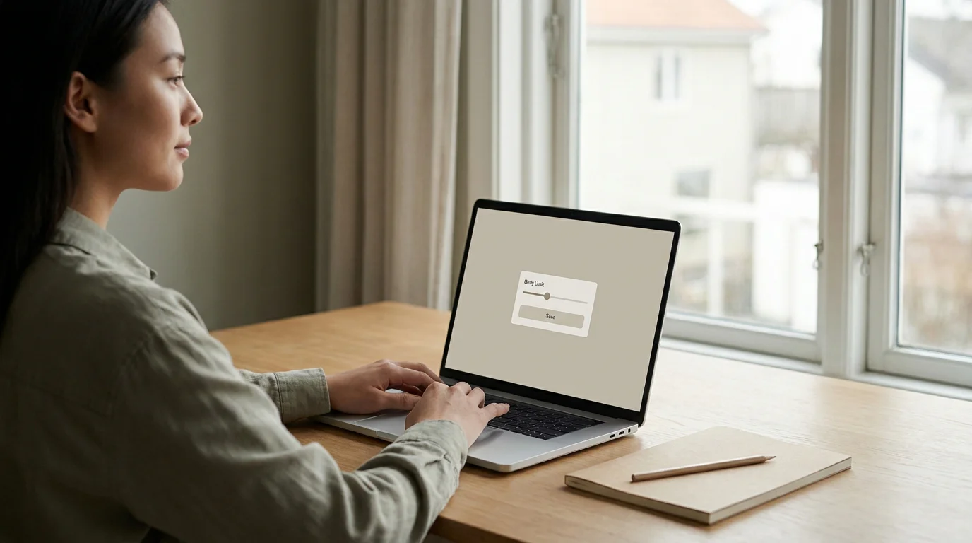 Ruhige Szene einer Person, die am Laptop ein Einzahlungslimit für das Casino-Budget festlegt