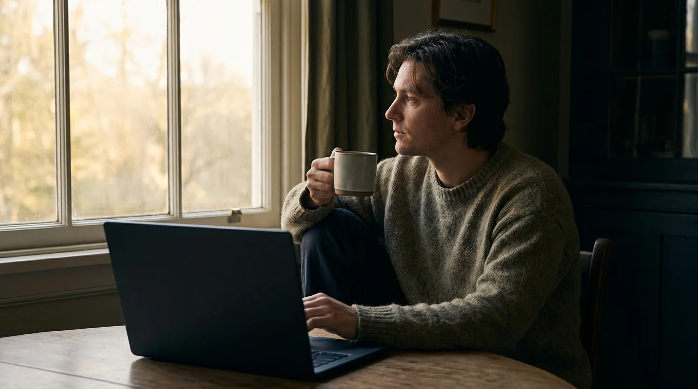 Person macht am Fenster eine Pause vom Spiel, Laptop zugeklappt