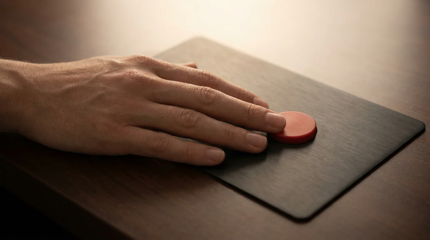 Ruhige Hand neben einem roten Notfallknopf auf einer neutralen Oberfläche in gedämpftem Licht