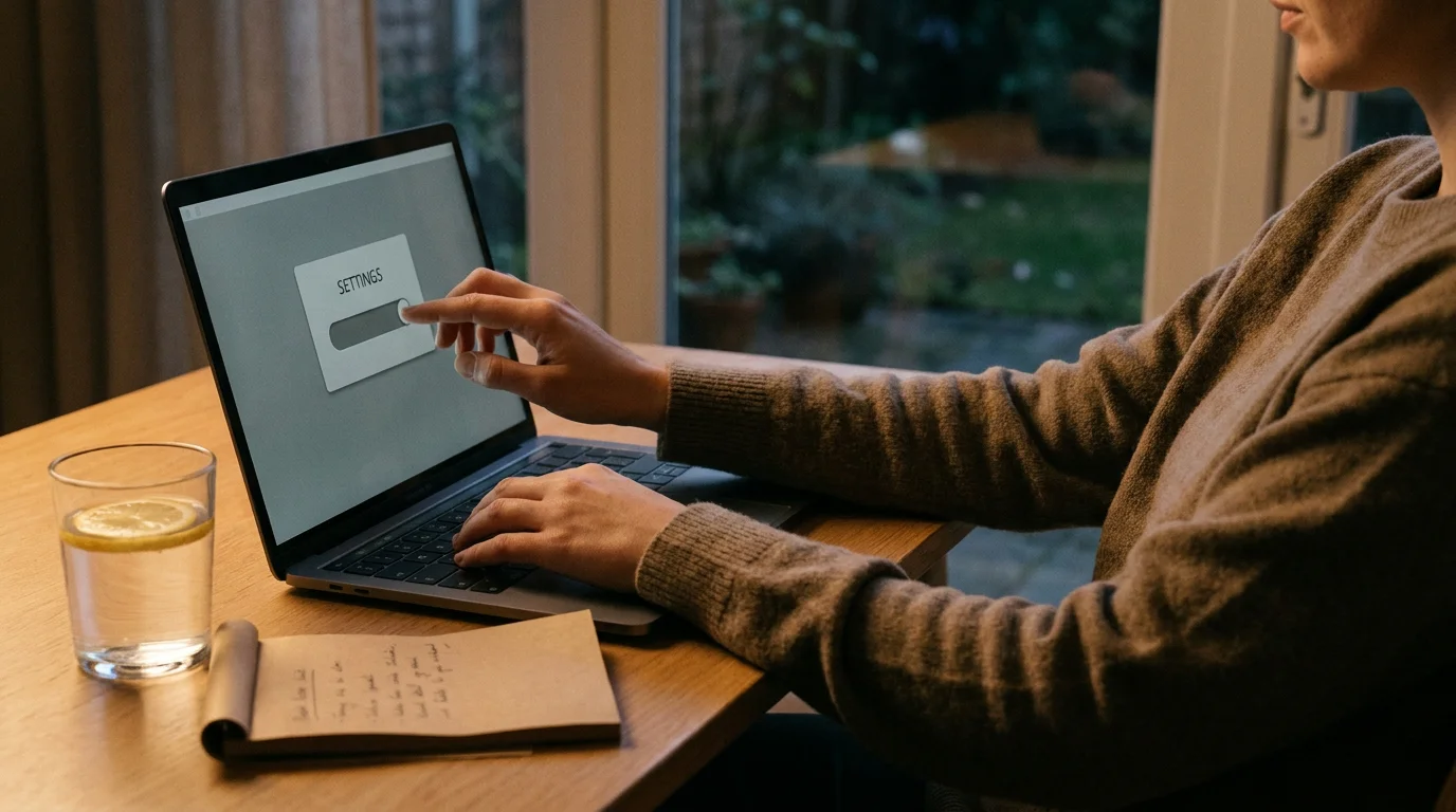 Person setzt am Laptop ruhig persönliche Einzahlungsgrenzen im Spielerkonto