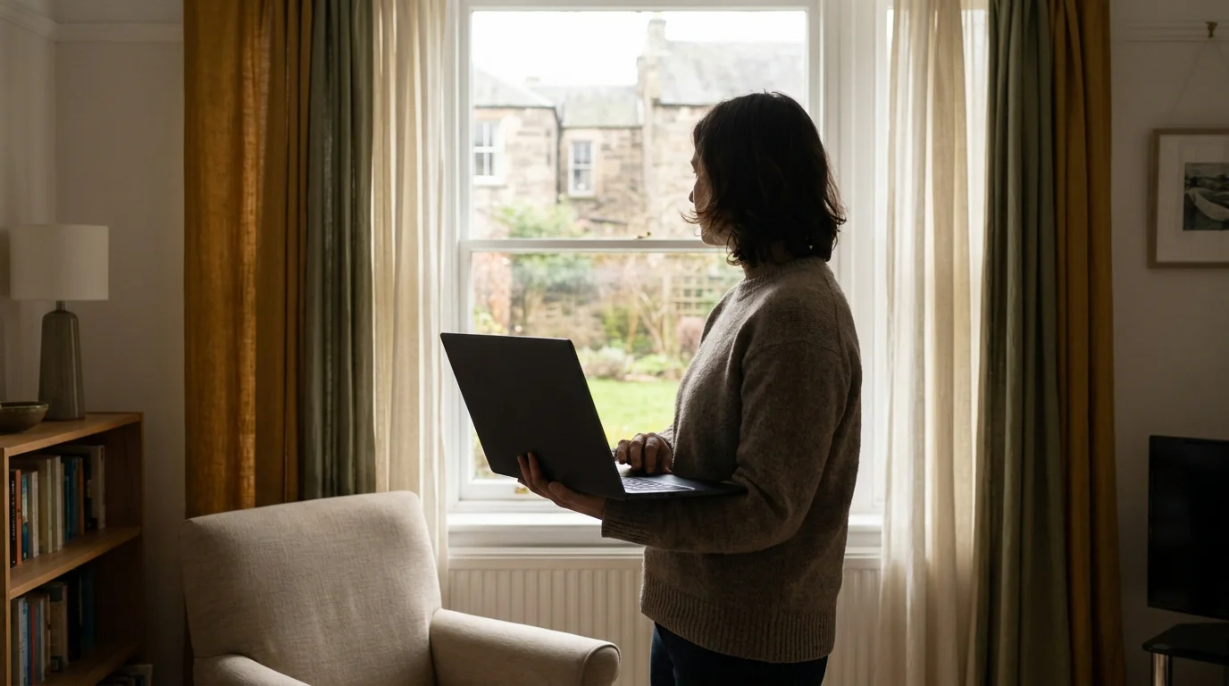 Ruhige Szene einer Person, die am Fenster innehält und nachdenkt