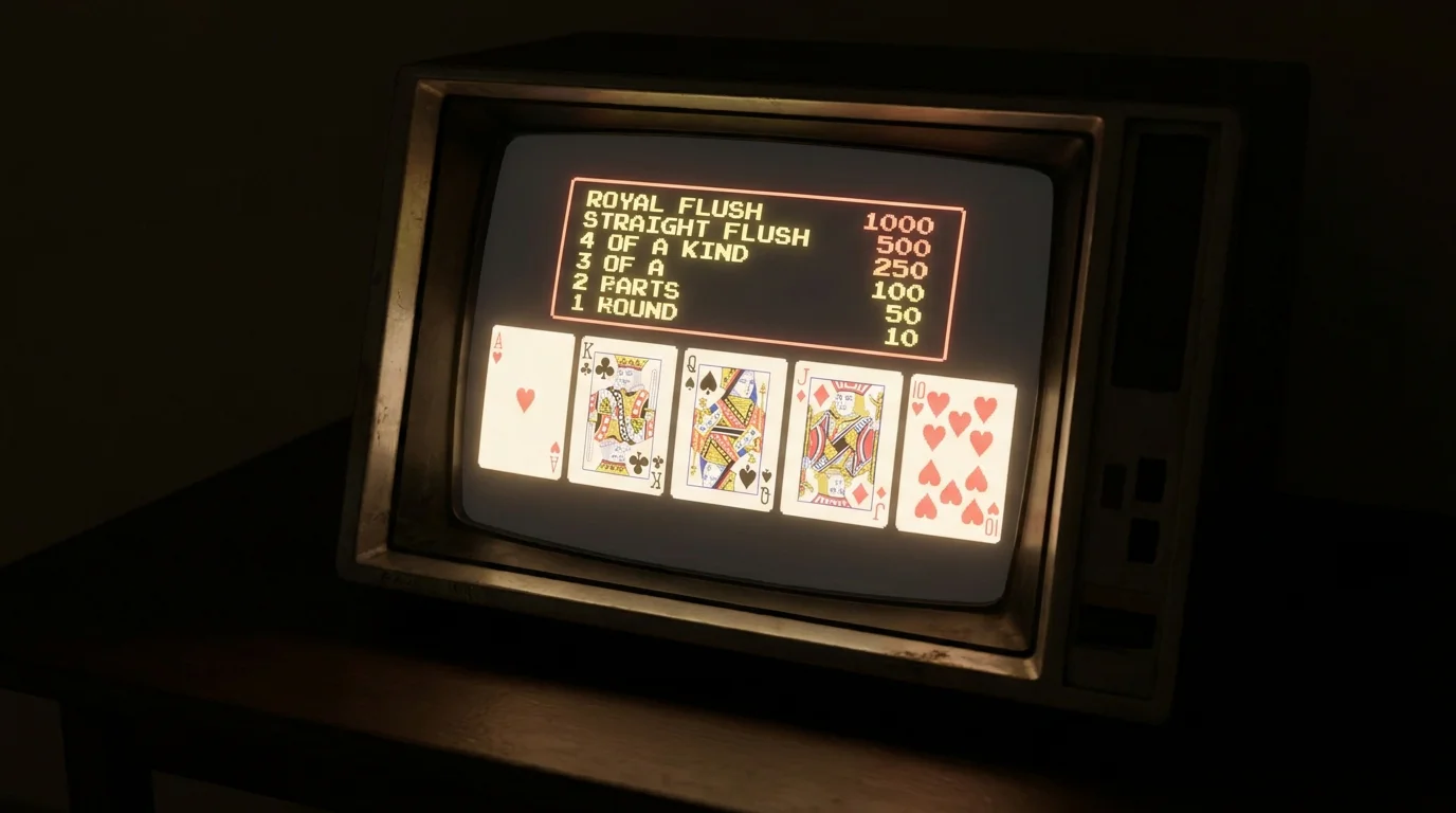 Bildschirm eines Video-Poker-Automaten mit fünf Karten und Auszahlungstabelle