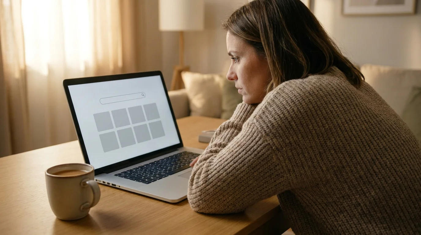 Person prüft am Laptop die Spielesuche eines Online-Casinos nach dem Titel Book of Ra