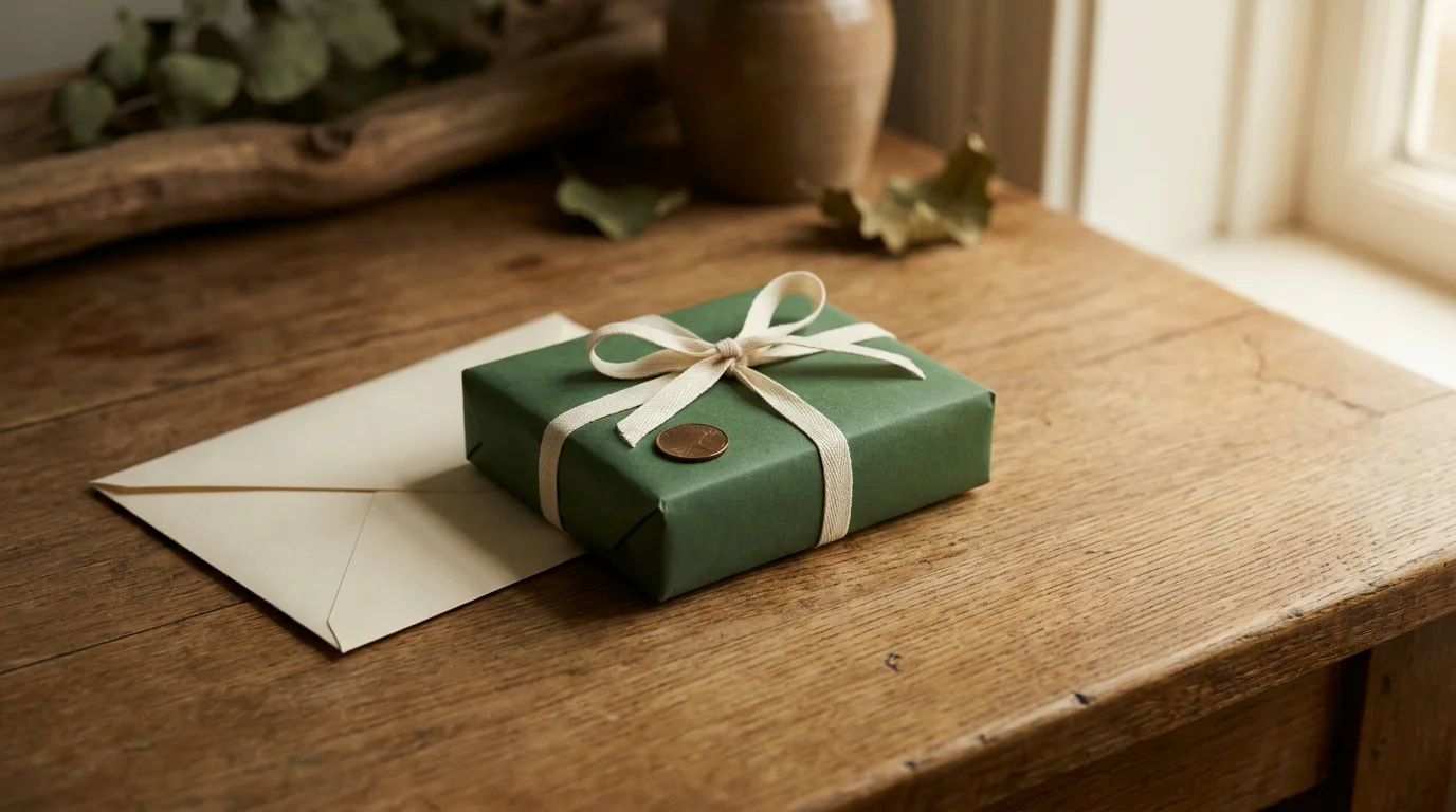 Kleines schlicht verpacktes Geschenk in dunkelgrünem Papier neben einem gefalteten Umschlag