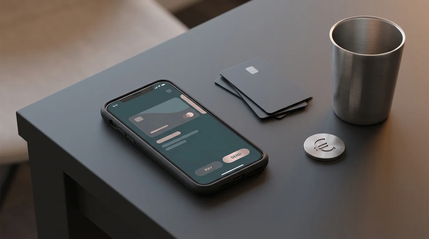 Smartphone mit neutraler Zahlungsübersicht neben Chip-Token und Kaffeetasse